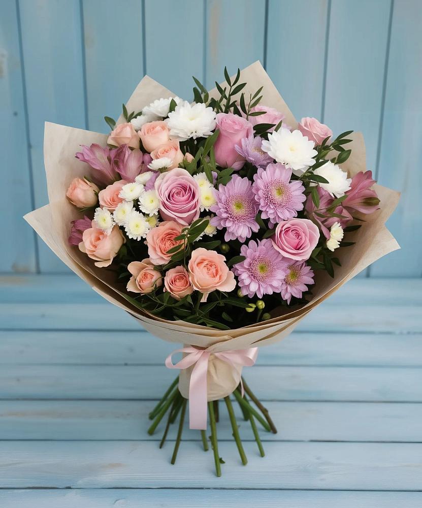 Букет цветов из: Хризантемы, Розы и Альстромерии в Новоенисейске