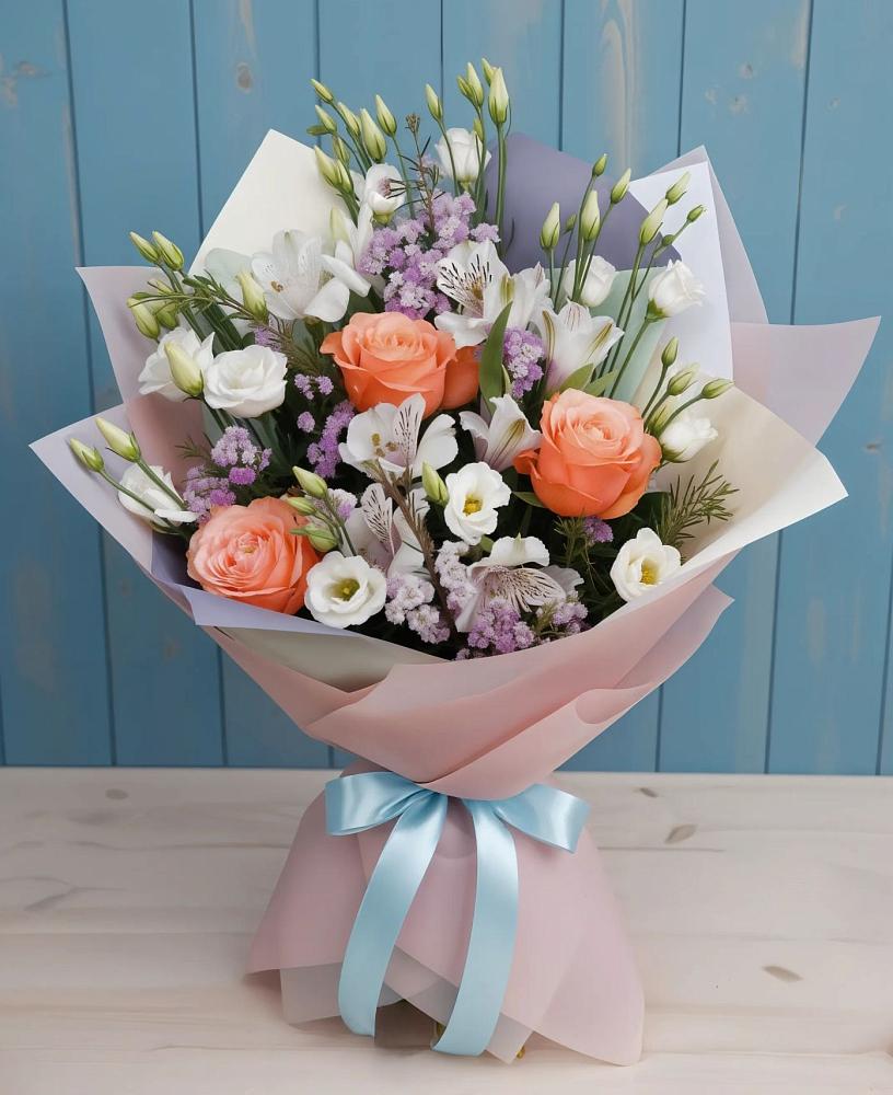 Букет цветов из: Лизиантусы, Розы, Альстромерии и Гипсофила в Новоенисейске