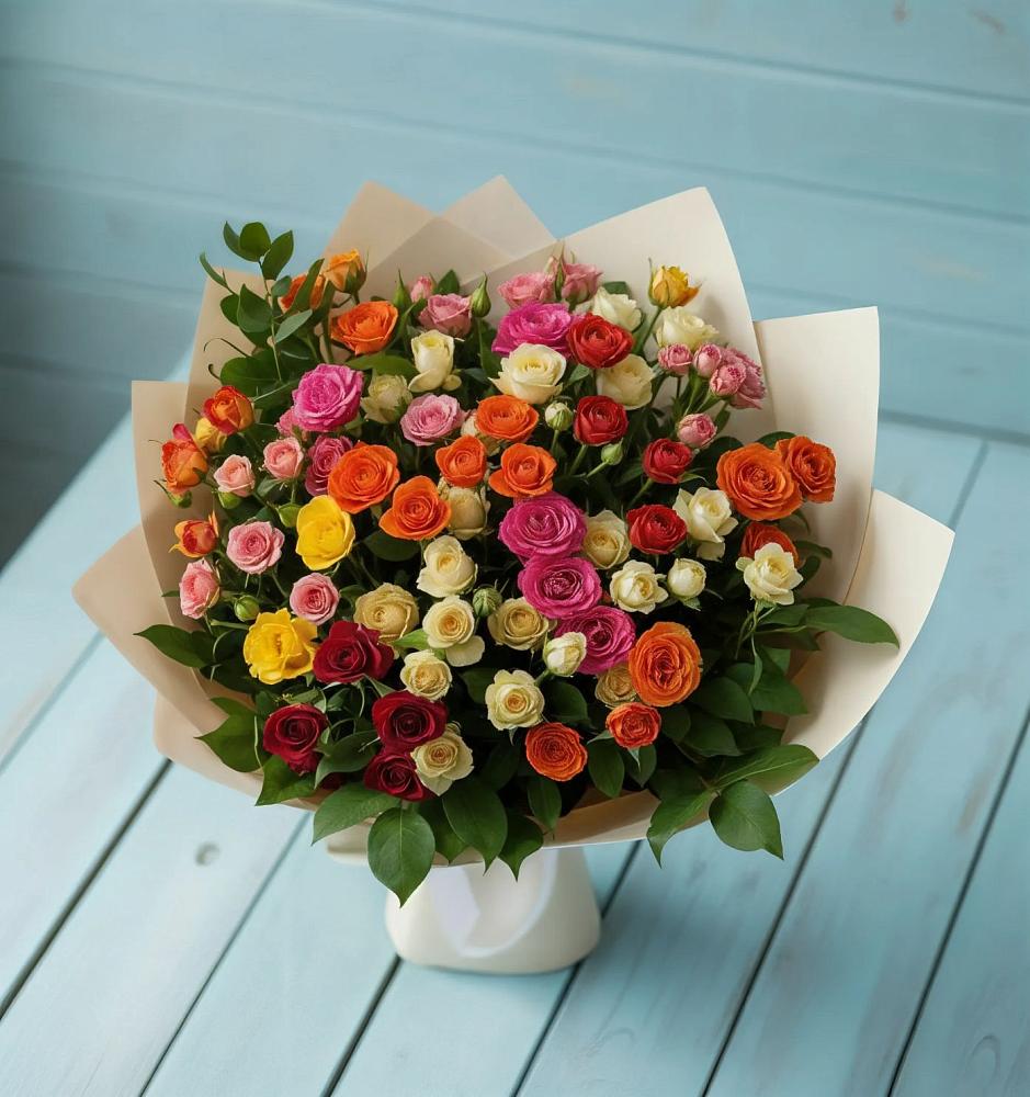 Букет Микс из разноцветных кустовых роз в Новоенисейске