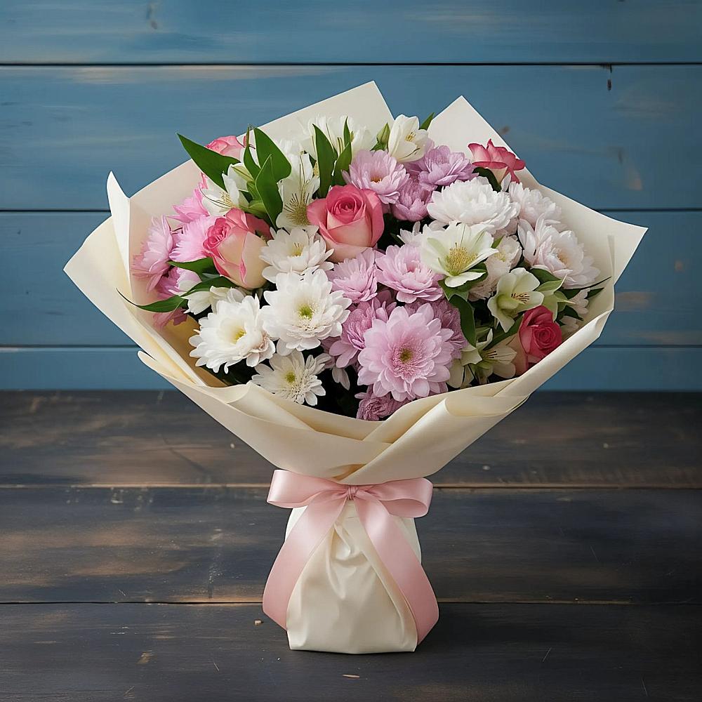 Букет цветов из: Хризантемы, Альстромерии и Розы в Новоенисейске